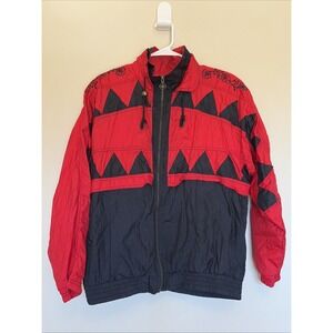 Vintage VTG Lavon Red/Black Floral Geometric Windbreaker Jacket Womens Medium‎
